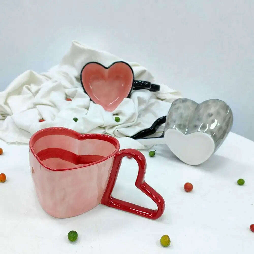 300ml Creative Love Handle Mug Hand-painted Stripe Love Cow Pattern Ceramic Coffee Cup Handhold Love Modeling Cup - KIMLUD