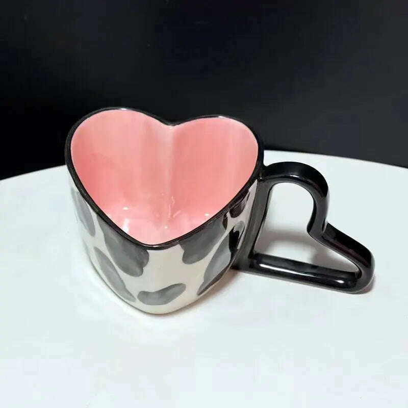 300ml Creative Love Handle Mug Hand-painted Stripe Love Cow Pattern Ceramic Coffee Cup Handhold Love Modeling Cup - KIMLUD