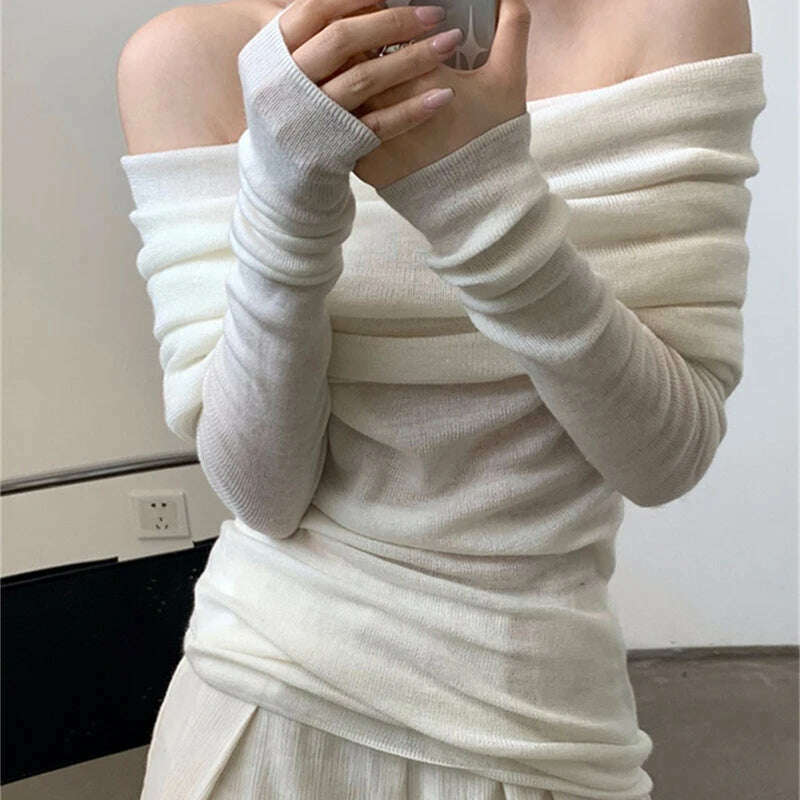 Autumn Sexy Women Long Sleeve Sweater Solid Knit Slash Neck Sweater Slim Off Shoulder Thin Pullovers Casual Office Topsv Winter - KIMLUD