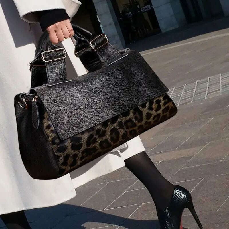 Casual Genuine Leather Tote Bag Women Large Genuine Leather Handbag Luxury Leopard Printing Cowhide Shoulder or Crossbody Bags - KIMLUD