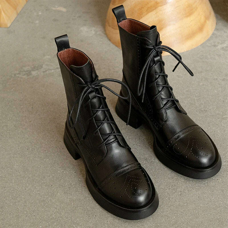 KIMLUD, Casual Lace-Up Women Autumn Winter Ankle Boots Thick Heels Genuine Leather Working Leisure Fashion Outdoor Platform Shoes Woman, KIMLUD Womens Clothes