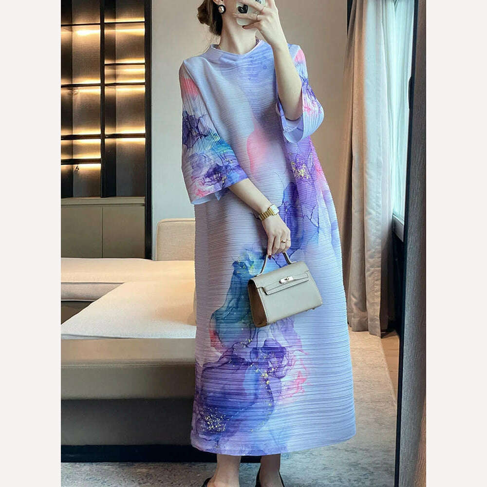 KIMLUD, DEAT Pleated Women Dress Print Full Sleeve Elegant Evening Party Round Collar Loose Medium Long Autumn New 2023 Fashion 15KB4632, KIMLUD Womens Clothes