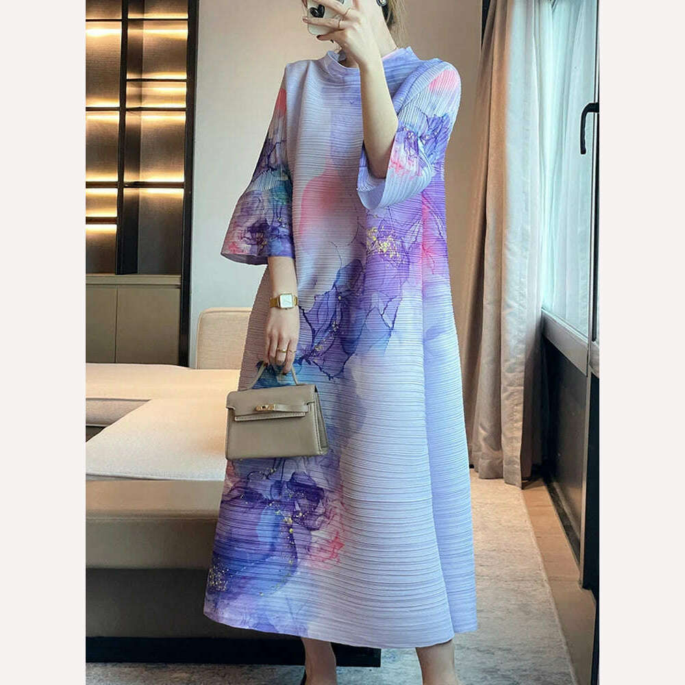 KIMLUD, DEAT Pleated Women Dress Print Full Sleeve Elegant Evening Party Round Collar Loose Medium Long Autumn New 2023 Fashion 15KB4632, KIMLUD Womens Clothes