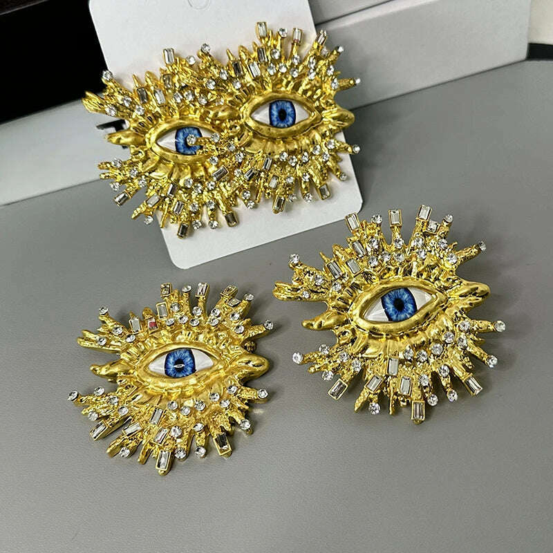 Exaggerated Sparkling Crystal Eye Earrings Retro Luxury Open Ring Brooch Earring Set - KIMLUD