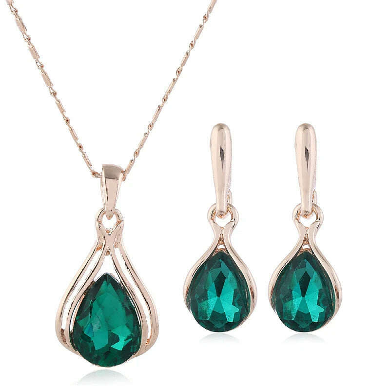 KIMLUD, Fashion European and American Blue Zhihai Creative Geometric Wedding Earrings Necklace Set Women's Blue Green Water Drop Set, KIMLUD Womens Clothes