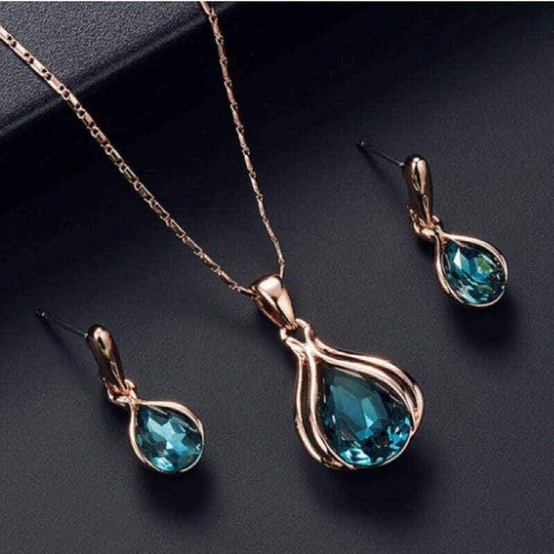 KIMLUD, Fashion European and American Blue Zhihai Creative Geometric Wedding Earrings Necklace Set Women's Blue Green Water Drop Set, X1059-blue / 45cm / CHINA, KIMLUD APPAREL - Womens Clothes