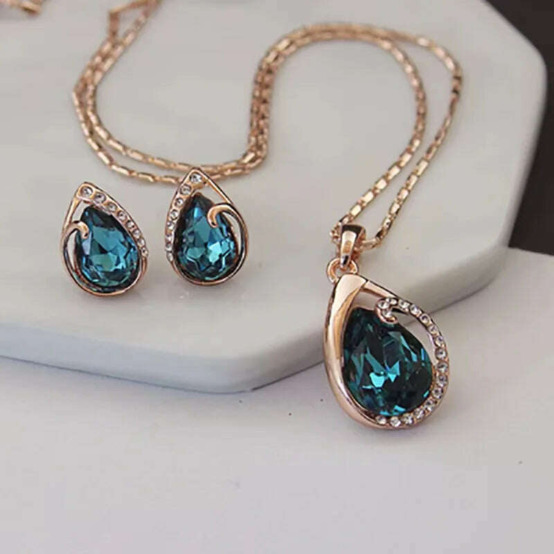 KIMLUD, Fashion European and American Blue Zhihai Creative Geometric Wedding Earrings Necklace Set Women's Blue Green Water Drop Set, X1247-gold / 45cm / CHINA, KIMLUD APPAREL - Womens Clothes