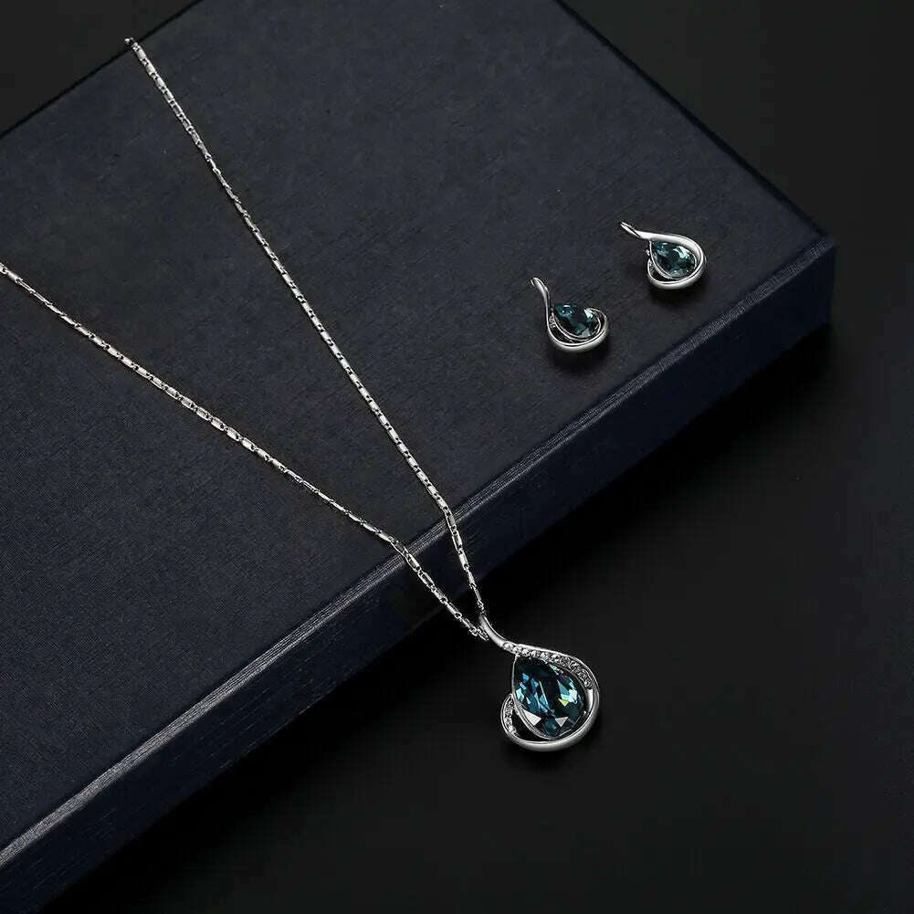 KIMLUD, Fashion European and American Blue Zhihai Creative Geometric Wedding Earrings Necklace Set Women's Blue Green Water Drop Set, X1247-silver / 45cm / CHINA, KIMLUD APPAREL - Womens Clothes