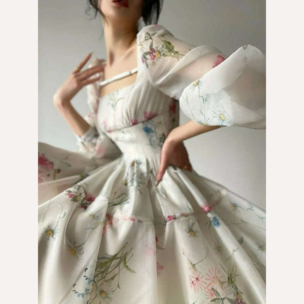 French Vinatge Floral Long Dresses for Women Evening Party A-line Beach Dress Lantern Sleeve Spring Summer Prom Robe Vestidos - KIMLUD