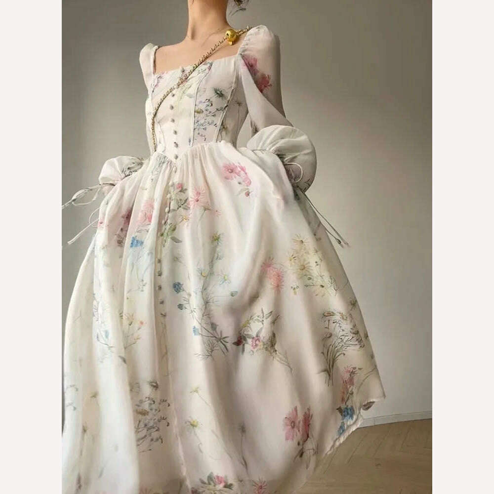 French Vinatge Floral Long Dresses for Women Evening Party A-line Beach Dress Lantern Sleeve Spring Summer Prom Robe Vestidos - KIMLUD