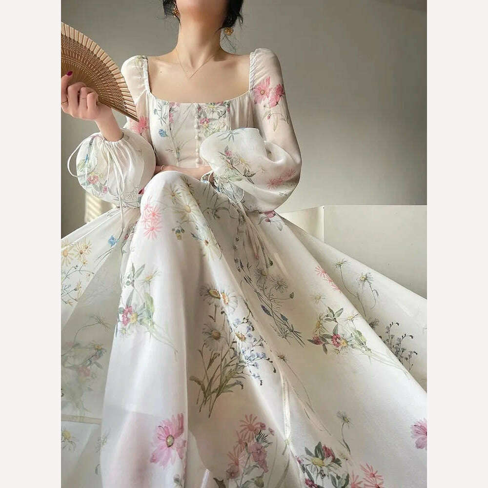 French Vinatge Floral Long Dresses for Women Evening Party A-line Beach Dress Lantern Sleeve Spring Summer Prom Robe Vestidos - KIMLUD