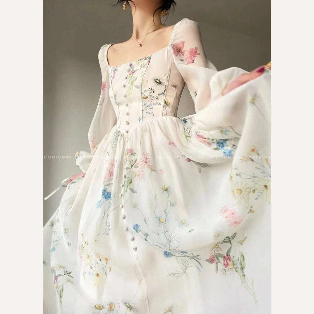 French Vinatge Floral Long Dresses for Women Evening Party A-line Beach Dress Lantern Sleeve Spring Summer Prom Robe Vestidos - KIMLUD