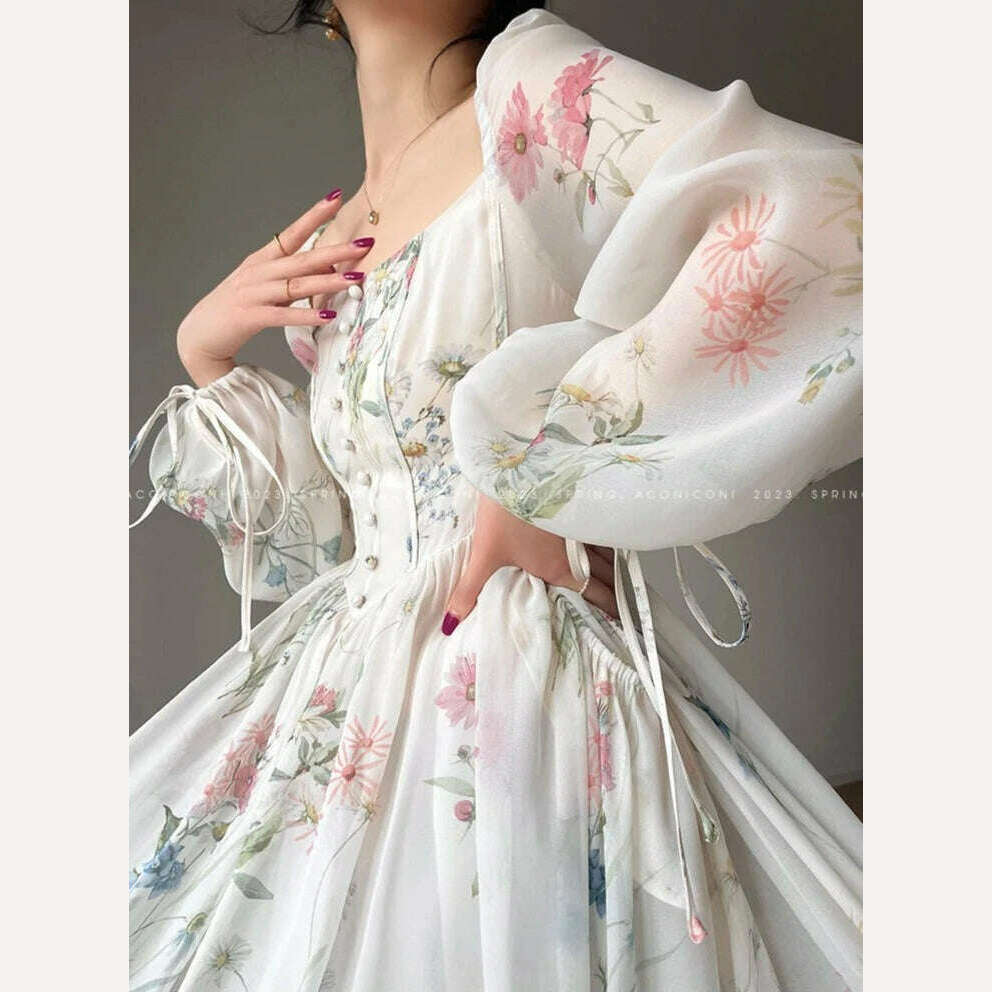 French Vinatge Floral Long Dresses for Women Evening Party A-line Beach Dress Lantern Sleeve Spring Summer Prom Robe Vestidos - KIMLUD