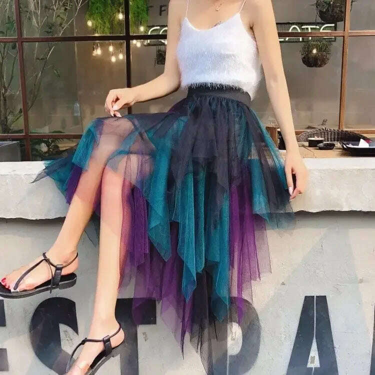 Gradient Color Irregular Tulle Skirt Spring and Summer High Waist Bubble Skirt Long Woman Skirts Mujer Faldas Saias Mulher - KIMLUD