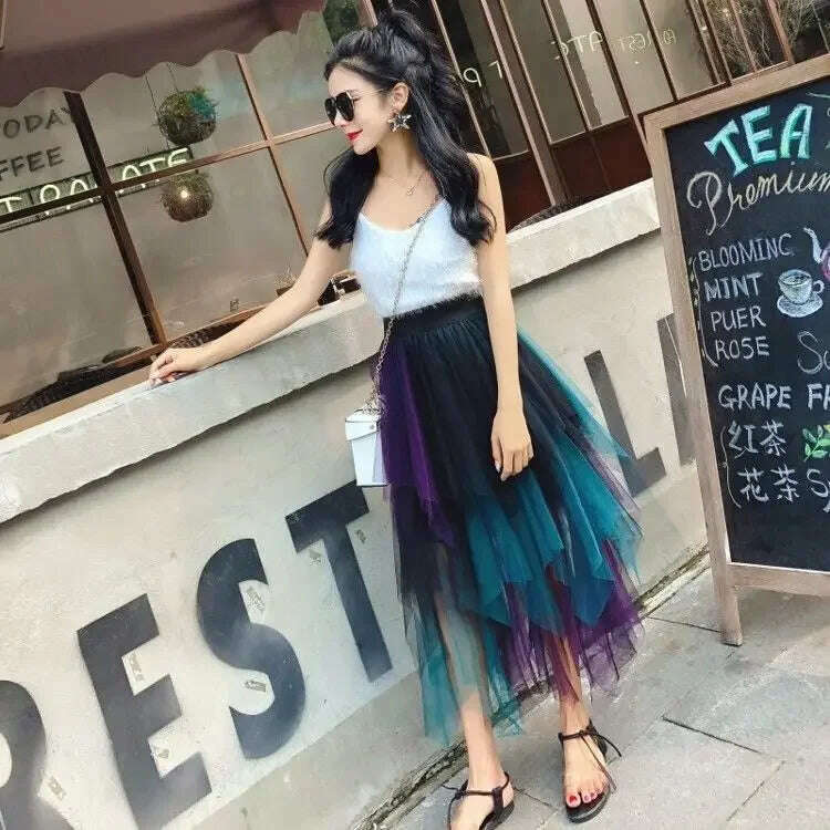 Gradient Color Irregular Tulle Skirt Spring and Summer High Waist Bubble Skirt Long Woman Skirts Mujer Faldas Saias Mulher - KIMLUD