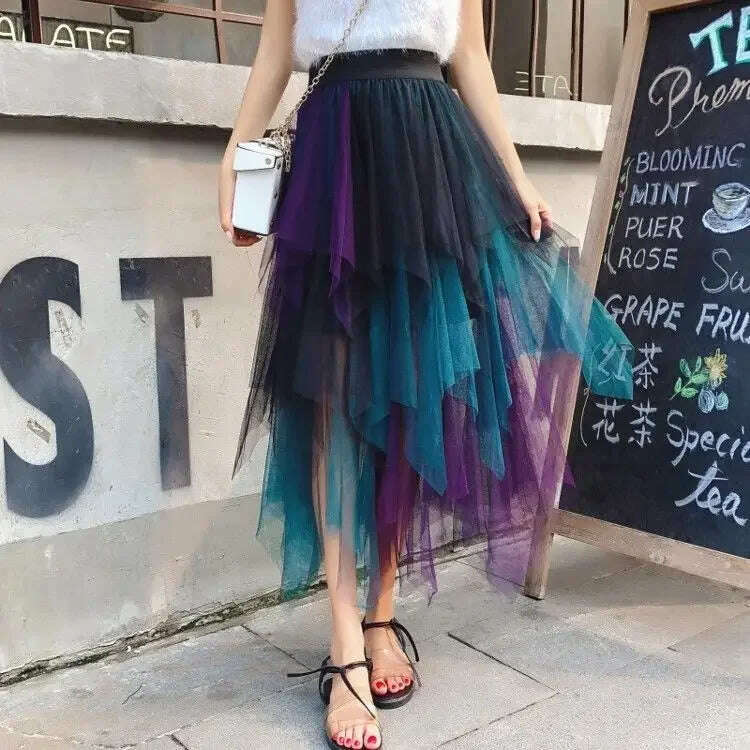 KIMLUD, Gradient Color Irregular Tulle Skirt Spring and Summer High Waist Bubble Skirt Long Woman Skirts Mujer Faldas Saias Mulher, As Picture / L, KIMLUD APPAREL - Womens Clothes