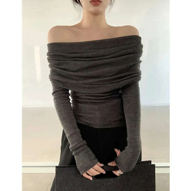 HELIAR Women Slash Neck Sweater Long Sleeve Knitwear Solid Off Shoulder Autumn Thin Pullovers Office Lady Elegant Tops - KIMLUD