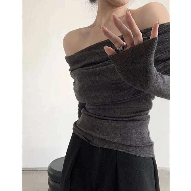 HELIAR Women Slash Neck Sweater Long Sleeve Knitwear Solid Off Shoulder Autumn Thin Pullovers Office Lady Elegant Tops - KIMLUD