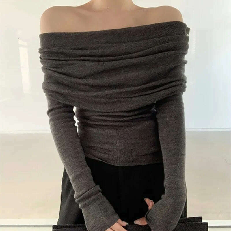 HELIAR Women Slash Neck Sweater Long Sleeve Knitwear Solid Off Shoulder Autumn Thin Pullovers Office Lady Elegant Tops - KIMLUD