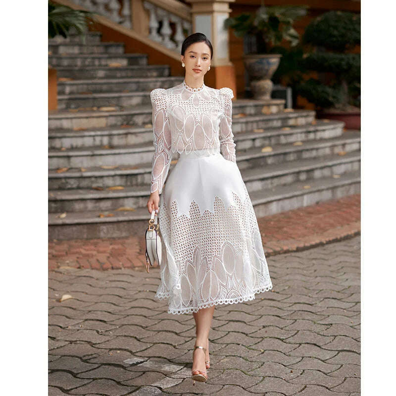 KIMLUD, High Quality Fashion Vintage Design Puff Sleeve Women Summer New Lace Embroidery Patchwork Vestido Midi Party Dress, white / S, KIMLUD APPAREL - Womens Clothes