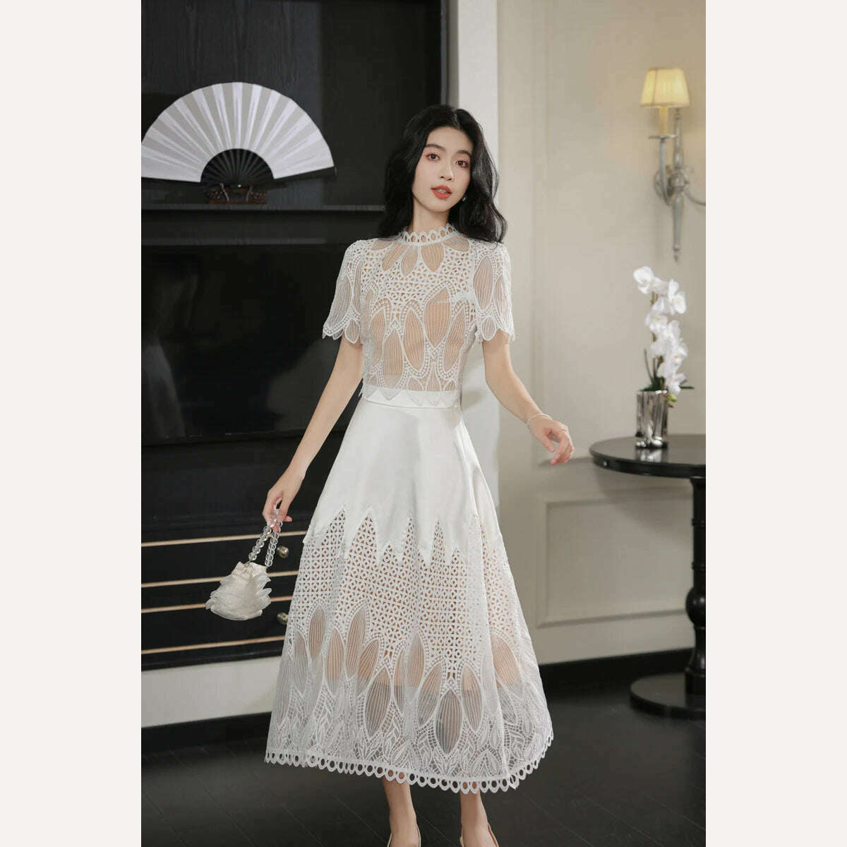 KIMLUD, High Quality Fashion Vintage Design Puff Sleeve Women Summer New Lace Embroidery Patchwork Vestido Midi Party Dress, KIMLUD Womens Clothes