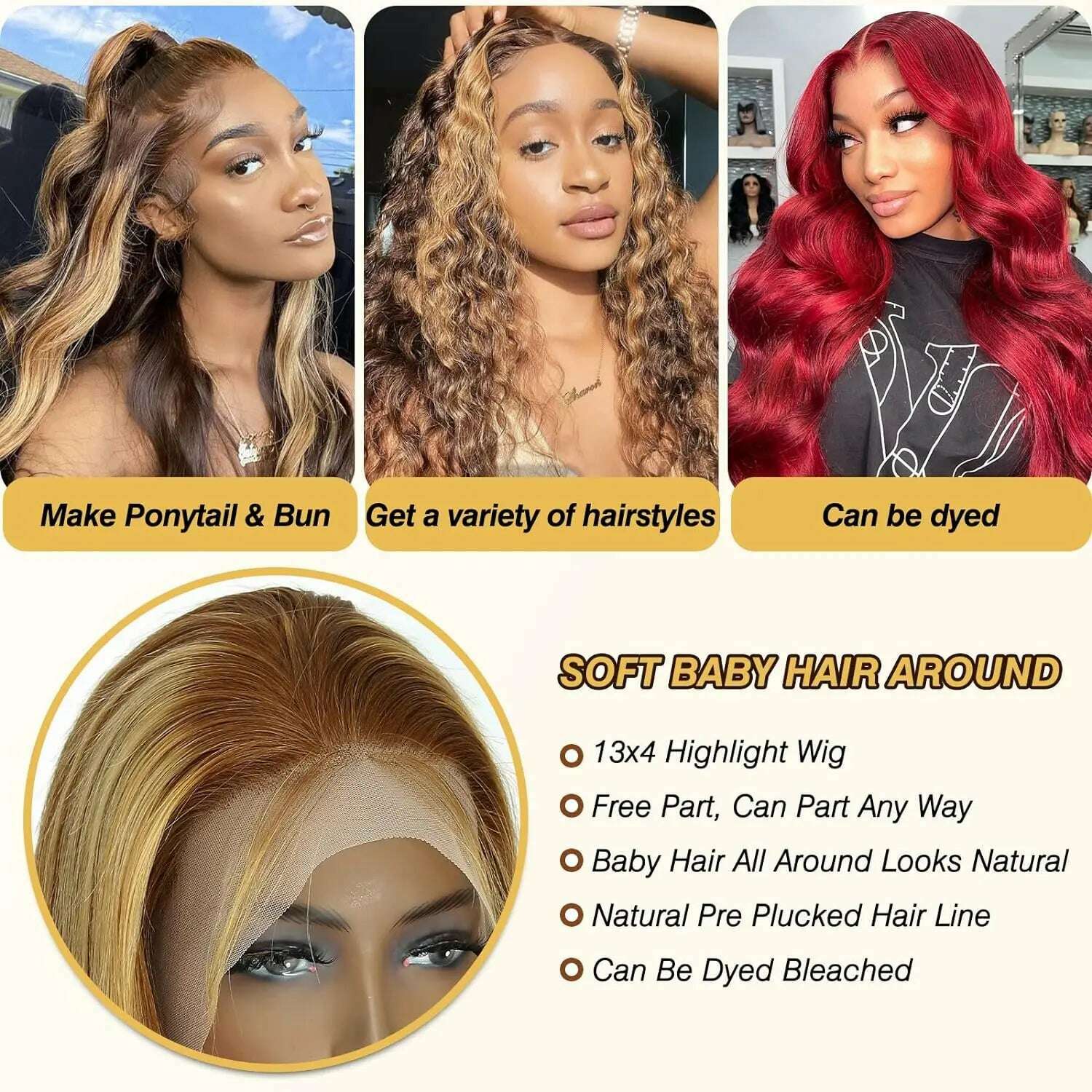 KIMLUD, Highlight Ombre Lace Front Wig Human Hair 13x4 4/27 Colored Wigs 180% Density Honey Blonde Lace Front Wig Human Hair, KIMLUD Womens Clothes