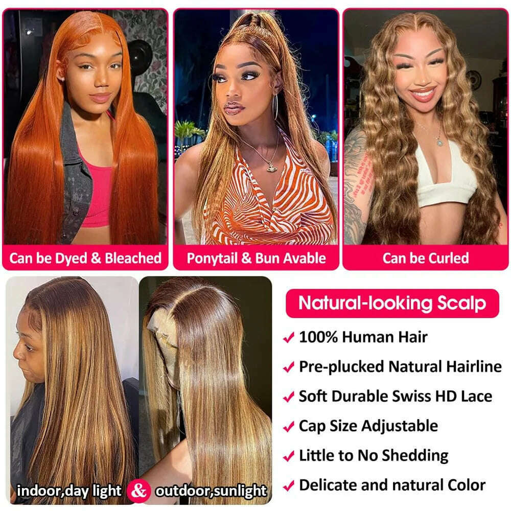 KIMLUD, Highlight Ombre Lace Front Wig Human Hair Pre Plucked Straight With Baby Hair 13X4 HD 4/27 Colored Wigs For Woman 180% Density, KIMLUD Womens Clothes