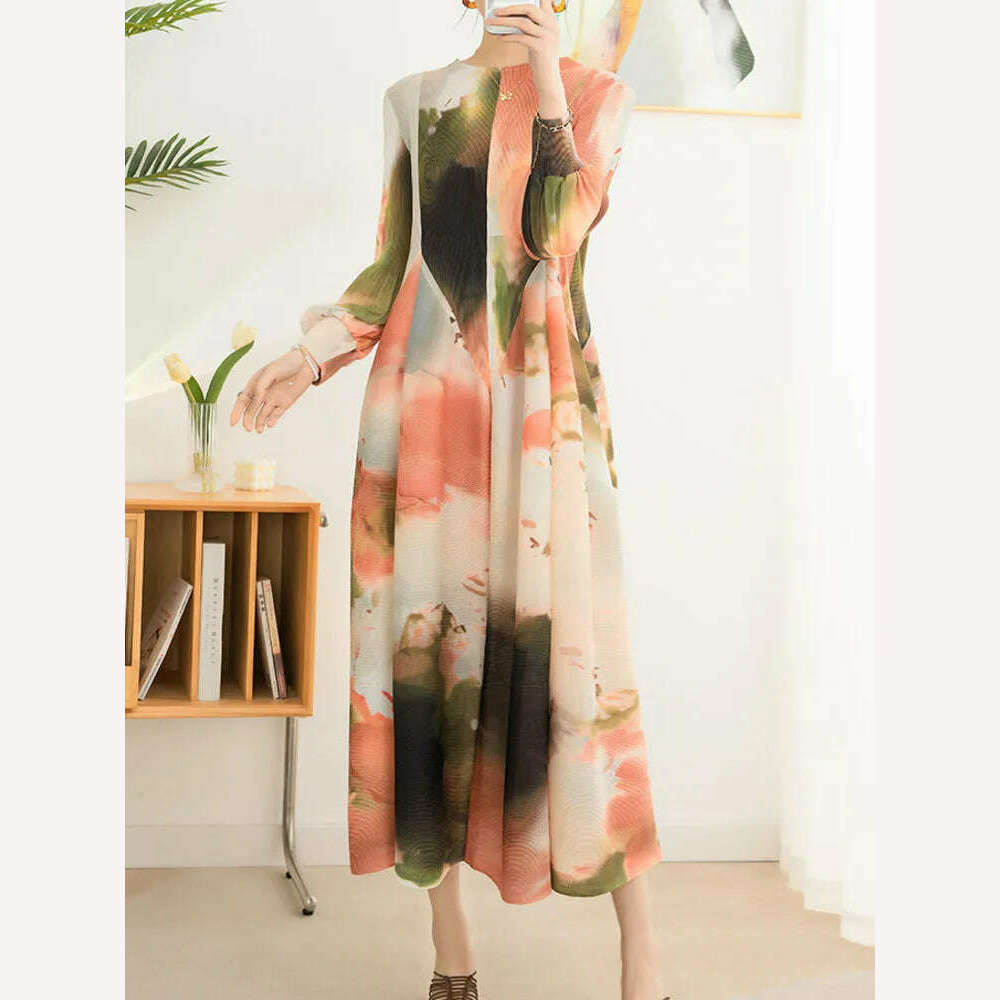 KIMLUD, LANMREM Contrast Color Print Pleated Dress For Women A-line Fashion Lantern Sleeves Long Dresses Evening Party 2024 New 32C742, KIMLUD Womens Clothes