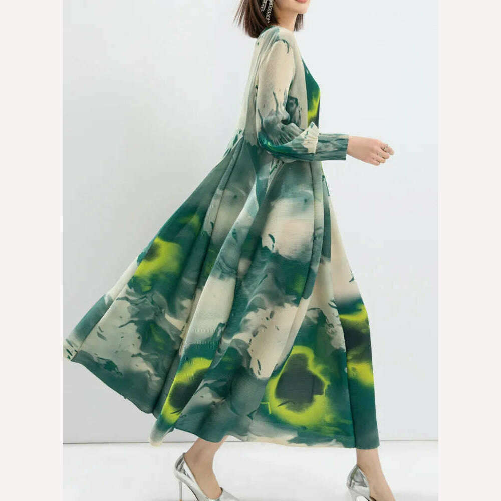 KIMLUD, LANMREM Contrast Color Print Pleated Dress For Women A-line Fashion Lantern Sleeves Long Dresses Evening Party 2024 New 32C742, KIMLUD Womens Clothes