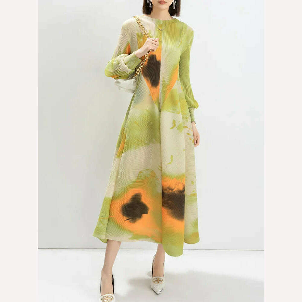 KIMLUD, LANMREM Contrast Color Print Pleated Dress For Women A-line Fashion Lantern Sleeves Long Dresses Evening Party 2024 New 32C742, Light Green / One Size, KIMLUD APPAREL - Womens Clothes