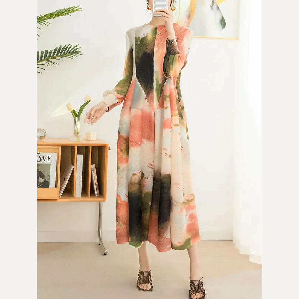 KIMLUD, LANMREM Contrast Color Print Pleated Dress For Women A-line Fashion Lantern Sleeves Long Dresses Evening Party 2024 New 32C742, Pink / One Size, KIMLUD APPAREL - Womens Clothes