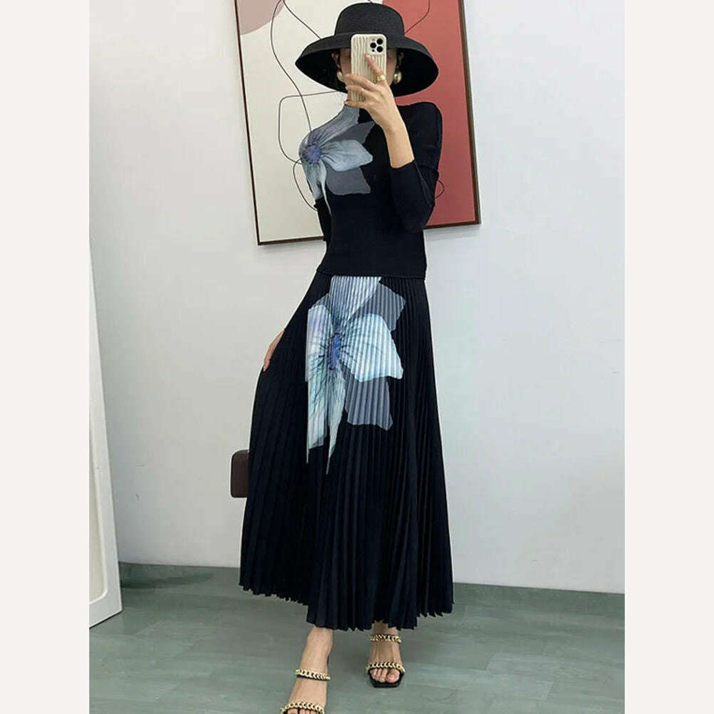 KIMLUD, LANMREM Elegant Fashion Printed Pleated 2 Pieces Set For Women Turtleneck Slim Tops With High Waist Mid Length Skirts 2Q1248, Black 78cm Set / One Size, KIMLUD APPAREL - Womens Clothes