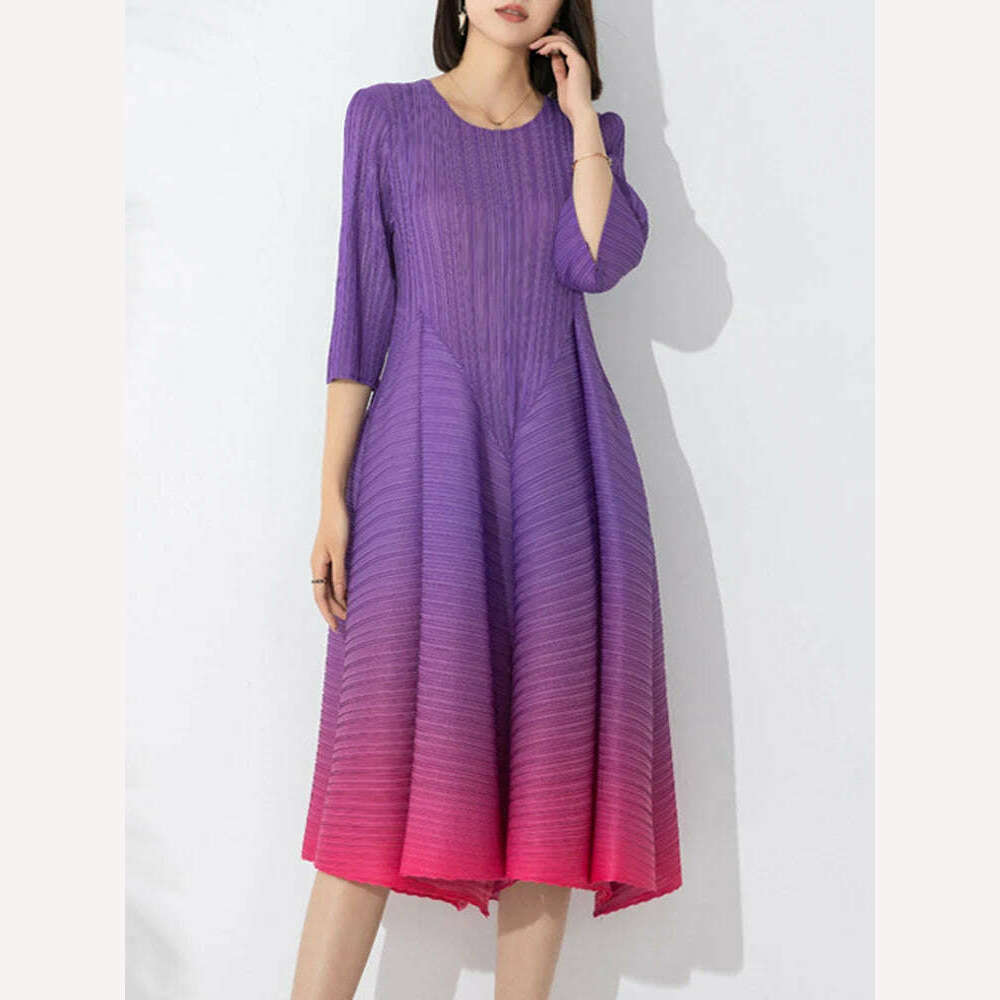 KIMLUD, LANMREM Gradient Pleated Dress For Women Round Neck High Waist A-line Elegant Dresses 2023 Autumn New Party Clothing 2AA1159, Purple / One Size, KIMLUD APPAREL - Womens Clothes