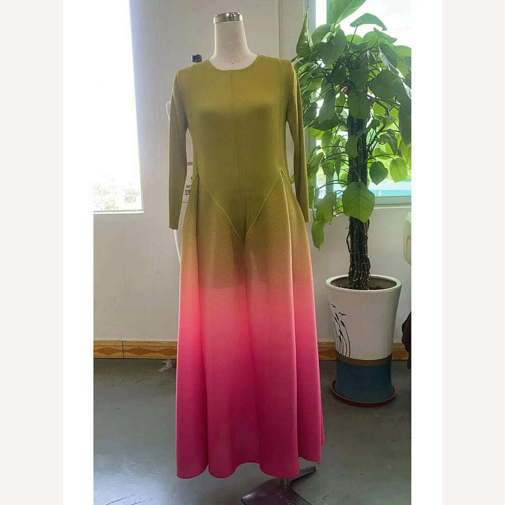 LANMREM Maxi Pleated Dress Gradient Full Sleeves Fold Elegant Dresses For Women 2023 New Summer Luxury Party Clothes 2YA2705 - KIMLUD