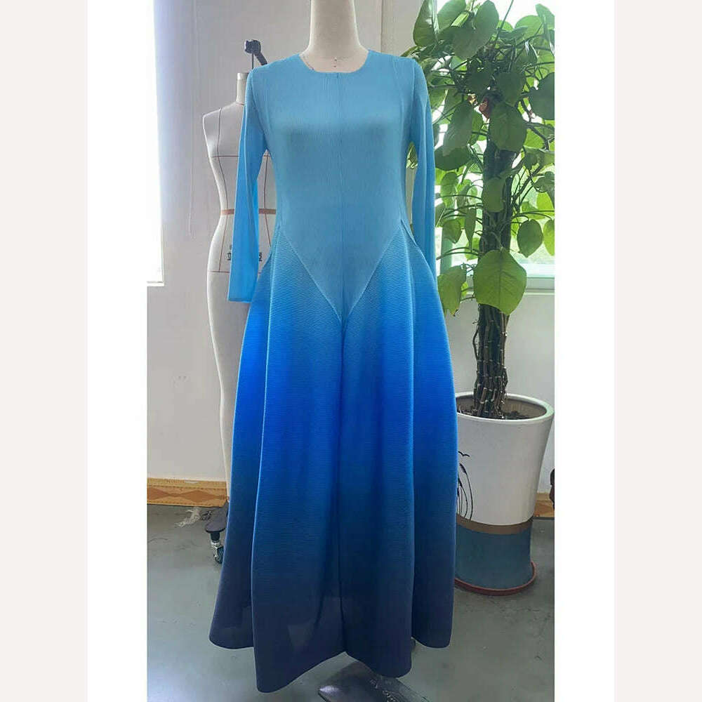 KIMLUD, LANMREM Maxi Pleated Dress Gradient Full Sleeves Fold Elegant Dresses For Women 2023 New Summer Luxury Party Clothes 2YA2705, Blue / One Size, KIMLUD APPAREL - Womens Clothes