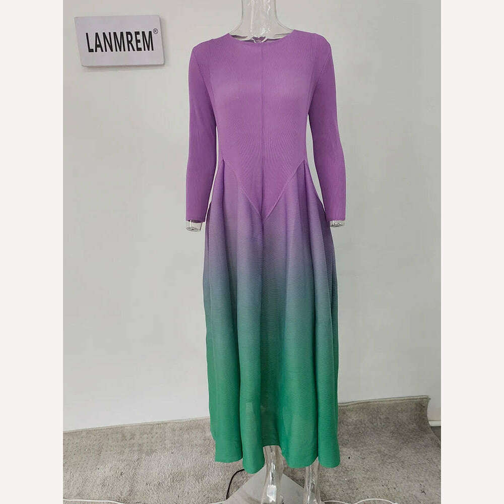 LANMREM Maxi Pleated Dress Gradient Full Sleeves Fold Elegant Dresses For Women 2023 New Summer Luxury Party Clothes 2YA2705 - KIMLUD