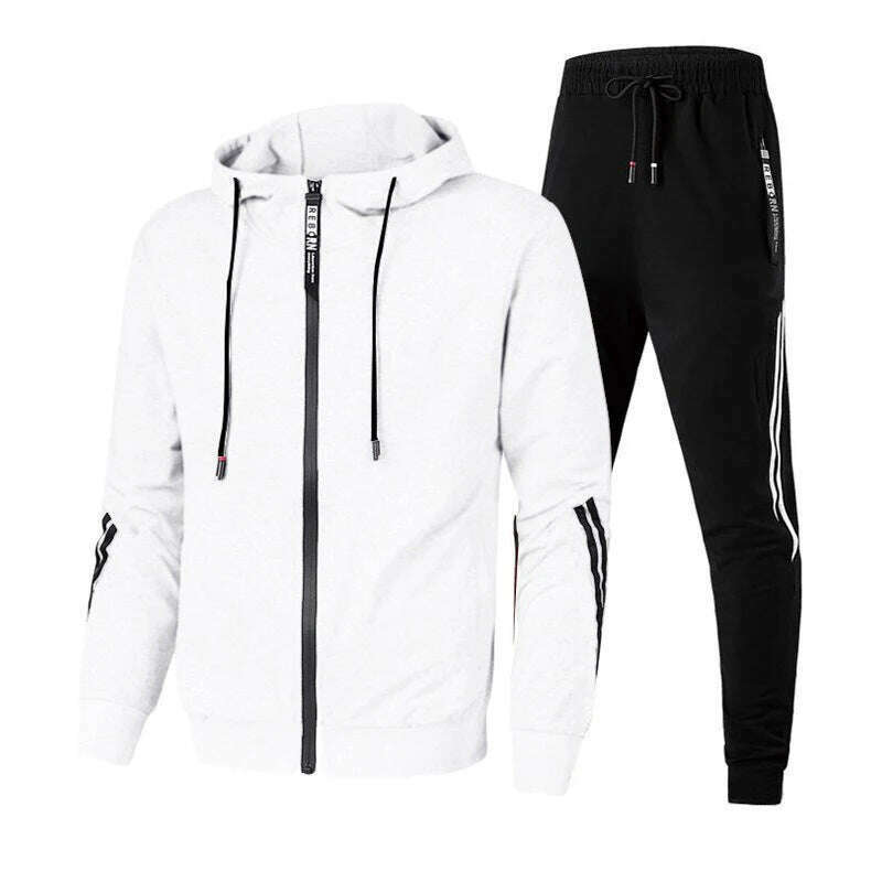 KIMLUD, Men Casual Tracksuit Zipper Hoodies Top And Sweatpants 2pcs Set 2024 Male Outdoor Jogging Jackets Clothes Sport Man Pants Suit, White / 2XL, KIMLUD APPAREL - Womens Clothes