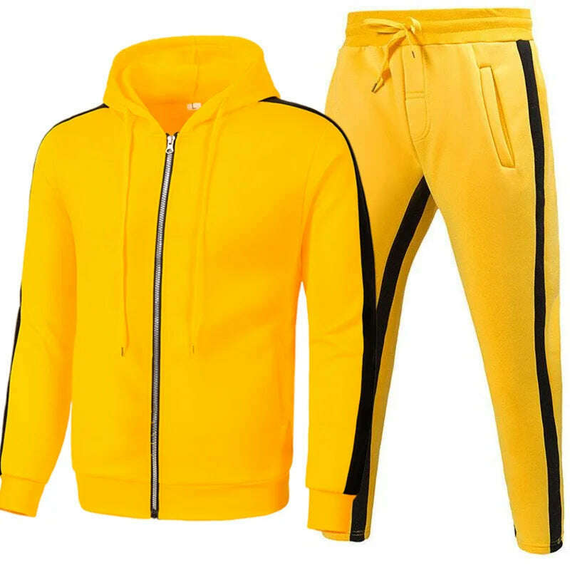 KIMLUD, Men Casual Tracksuit Zipper Hoodies Top And Sweatpants 2pcs Set 2024 Male Outdoor Jogging Jackets Clothes Sport Man Pants Suit, Yellow / M, KIMLUD APPAREL - Womens Clothes