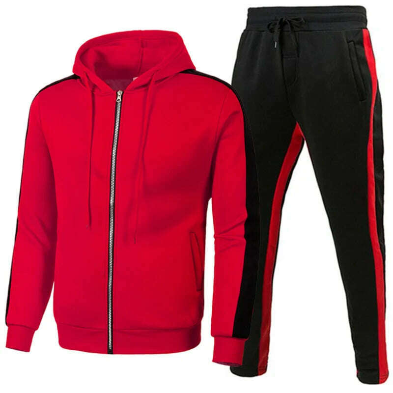 KIMLUD, Men Casual Tracksuit Zipper Hoodies Top And Sweatpants 2pcs Set 2024 Male Outdoor Jogging Jackets Clothes Sport Man Pants Suit, Red Black / XL, KIMLUD APPAREL - Womens Clothes