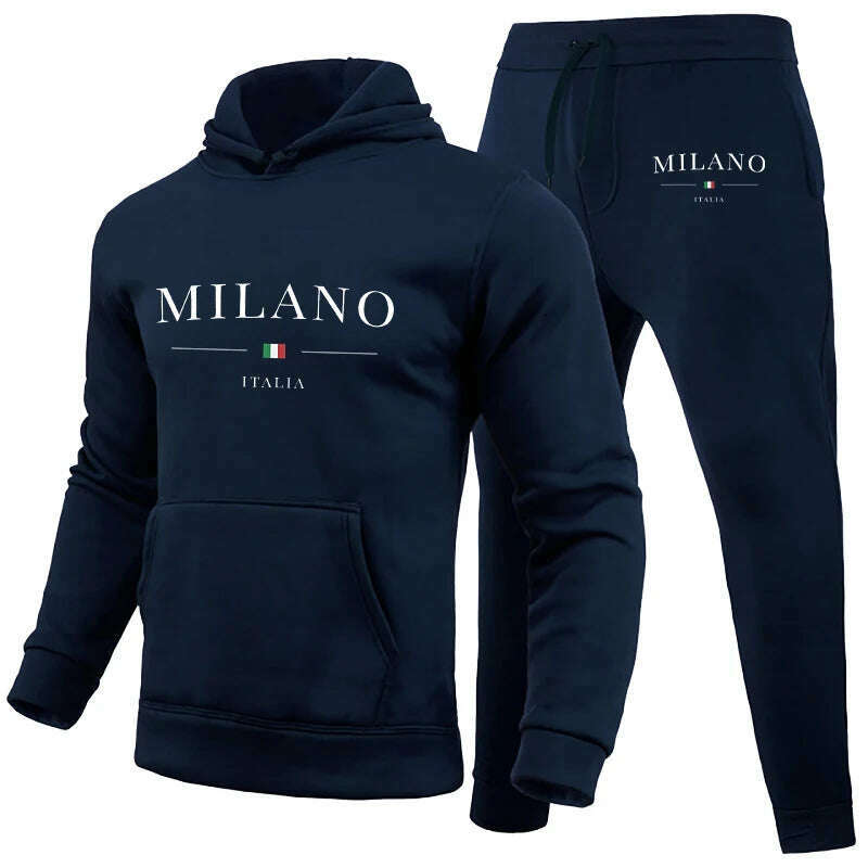 KIMLUD, Men's Luxury Hoodie Set Milano Print Sweatshirt Sweatpant for Male Hooded Tops Jogging Trousers Suit Casual Streetwear Tracksuit, Navy Blue Set 01 / XXXL, KIMLUD APPAREL - Womens Clothes