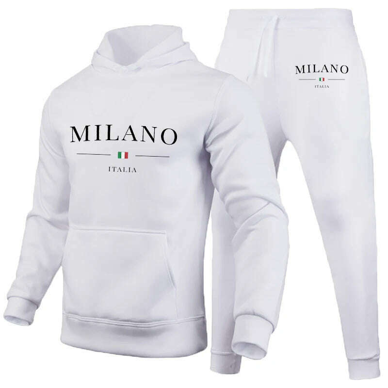 KIMLUD, Men's Luxury Hoodie Set Milano Print Sweatshirt Sweatpant for Male Hooded Tops Jogging Trousers Suit Casual Streetwear Tracksuit, White Set 01 / S, KIMLUD APPAREL - Womens Clothes