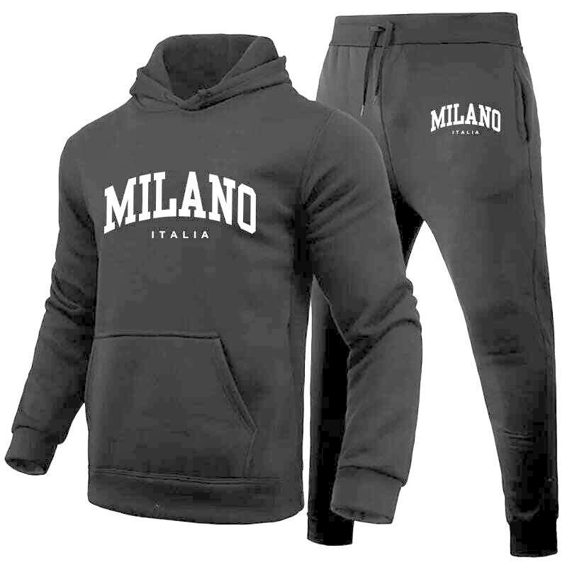 KIMLUD, Men's Luxury Hoodie Set Milano Print Sweatshirt Sweatpant for Male Hooded Tops Jogging Trousers Suit Casual Streetwear Tracksuit, Black Set 03 / M, KIMLUD APPAREL - Womens Clothes