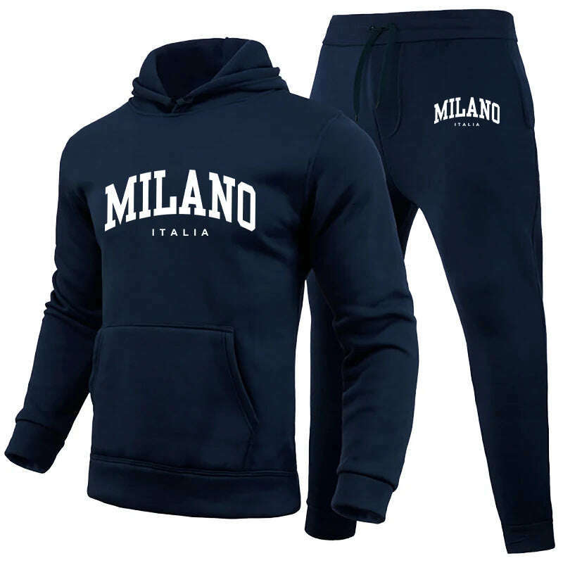 KIMLUD, Men's Luxury Hoodie Set Milano Print Sweatshirt Sweatpant for Male Hooded Tops Jogging Trousers Suit Casual Streetwear Tracksuit, Navy Blue Set 03 / S, KIMLUD APPAREL - Womens Clothes