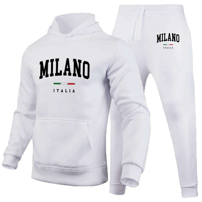 KIMLUD, Men's Luxury Hoodie Set Milano Print Sweatshirt Sweatpant for Male Hooded Tops Jogging Trousers Suit Casual Streetwear Tracksuit, White Set 02 / 4XL, KIMLUD APPAREL - Womens Clothes