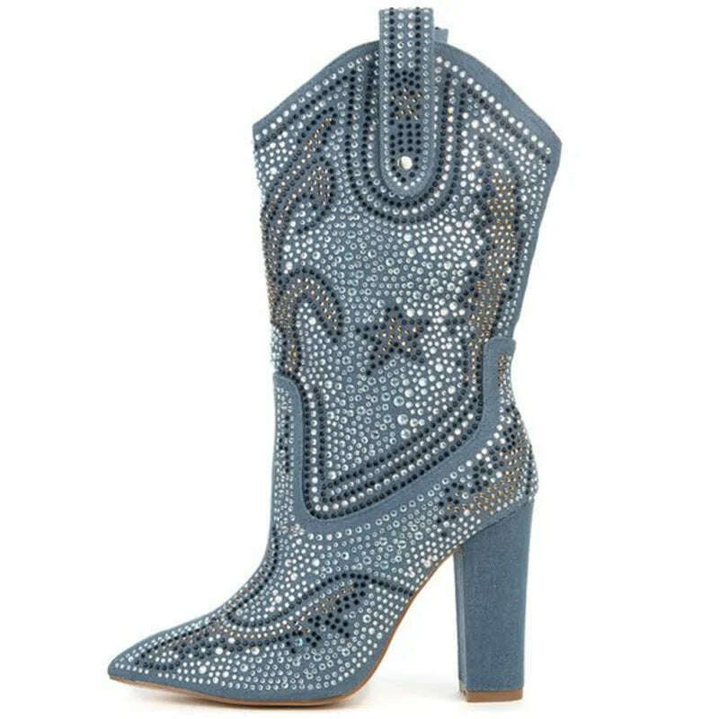 KIMLUD, Mid Calf Boots Women Fashion Over The Knee Boots Luxurious Crystal Rhinestone Studded Chunky Heels Pointy Shoes Women, C / 35, KIMLUD APPAREL - Womens Clothes