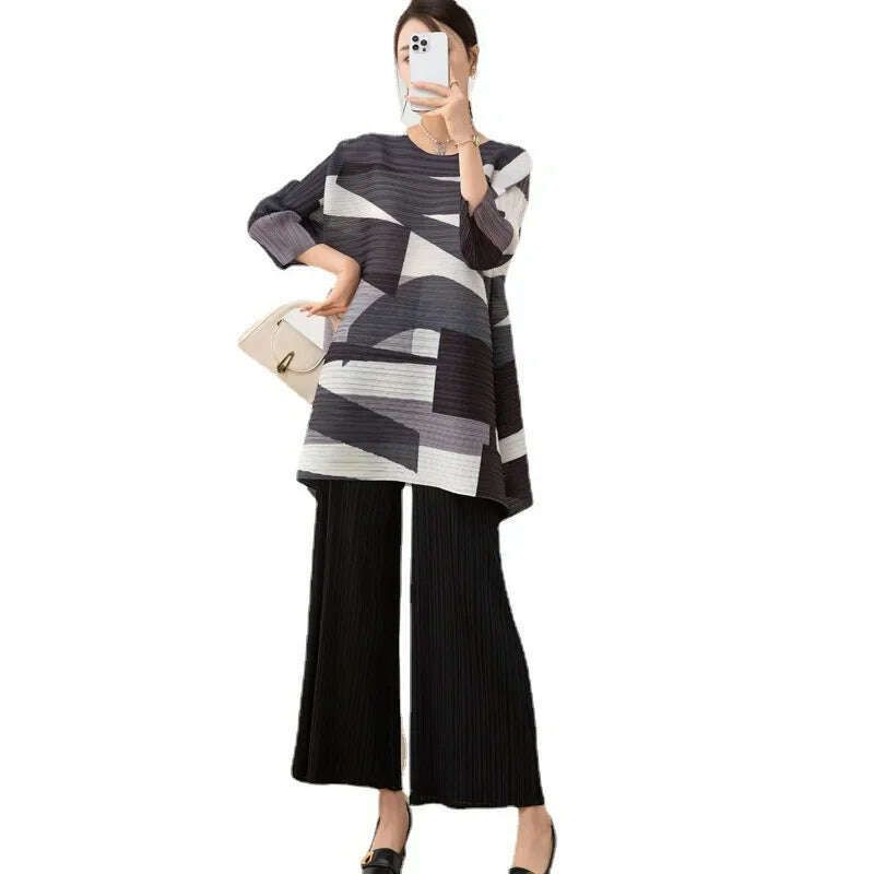 Miyake Pleated Women's Suit Women's Fashion Two-piece Set 2023 Autumn and Winter New Style Printed Mid-length Top Wide-leg Pants - KIMLUD