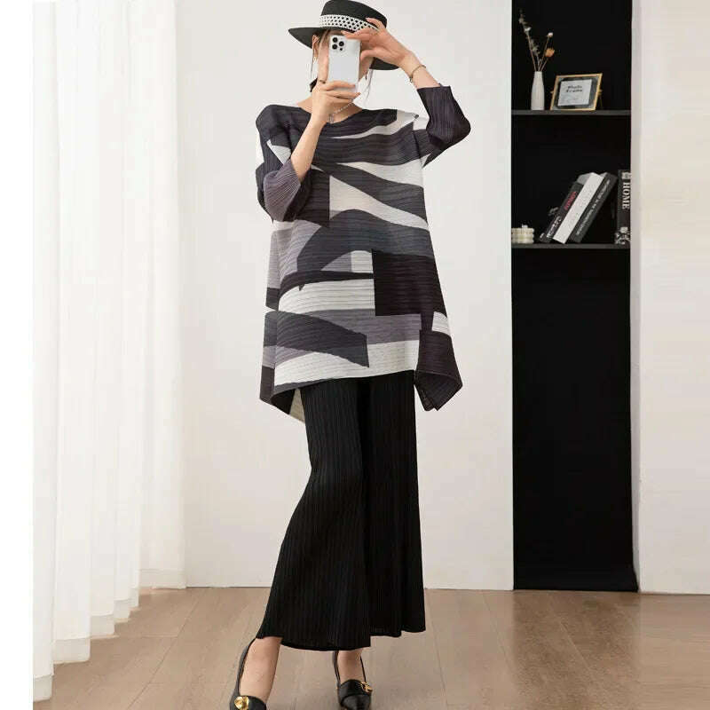 Miyake Pleated Women's Suit Women's Fashion Two-piece Set 2023 Autumn and Winter New Style Printed Mid-length Top Wide-leg Pants - KIMLUD