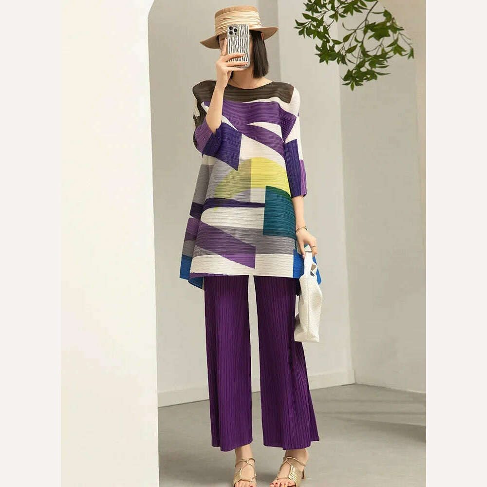 Miyake Pleated Women's Suit Women's Fashion Two-piece Set 2023 Autumn and Winter New Style Printed Mid-length Top Wide-leg Pants - KIMLUD