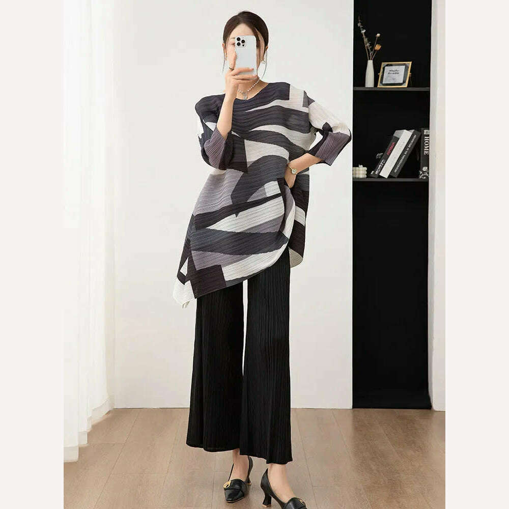 KIMLUD, Miyake Pleated Women's Suit Women's Fashion Two-piece Set 2023 Autumn and Winter New Style Printed Mid-length Top Wide-leg Pants, Black / One Size, KIMLUD APPAREL - Womens Clothes