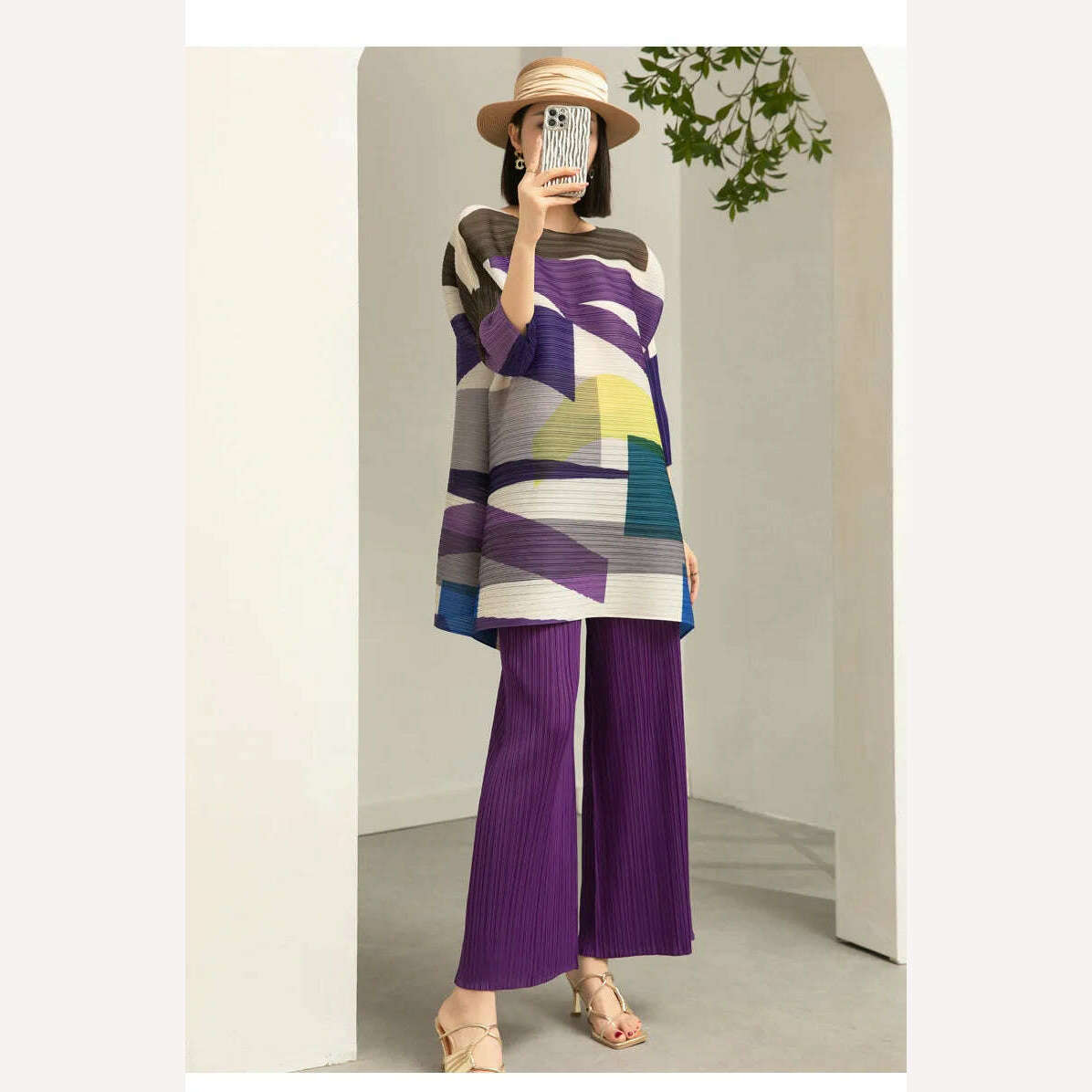 Miyake Pleated Women's Suit Women's Fashion Two-piece Set 2023 Autumn and Winter New Style Printed Mid-length Top Wide-leg Pants - KIMLUD